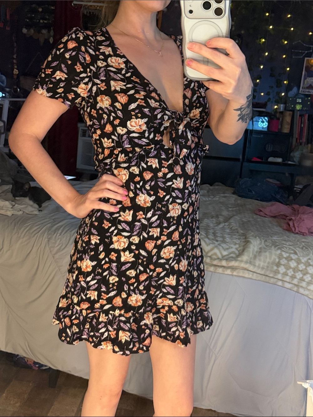 Cotton Candy Black Floral Tie-Front Mini Dress with Peach and Lavender Blooms